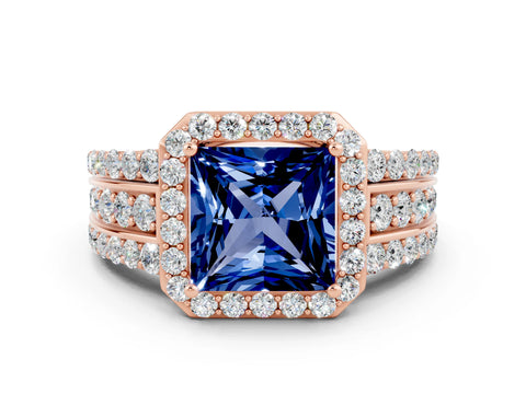 Rose gold Princess Cut Halo Blue Sapphire Ring with Split Shank and Four-Prong Setting