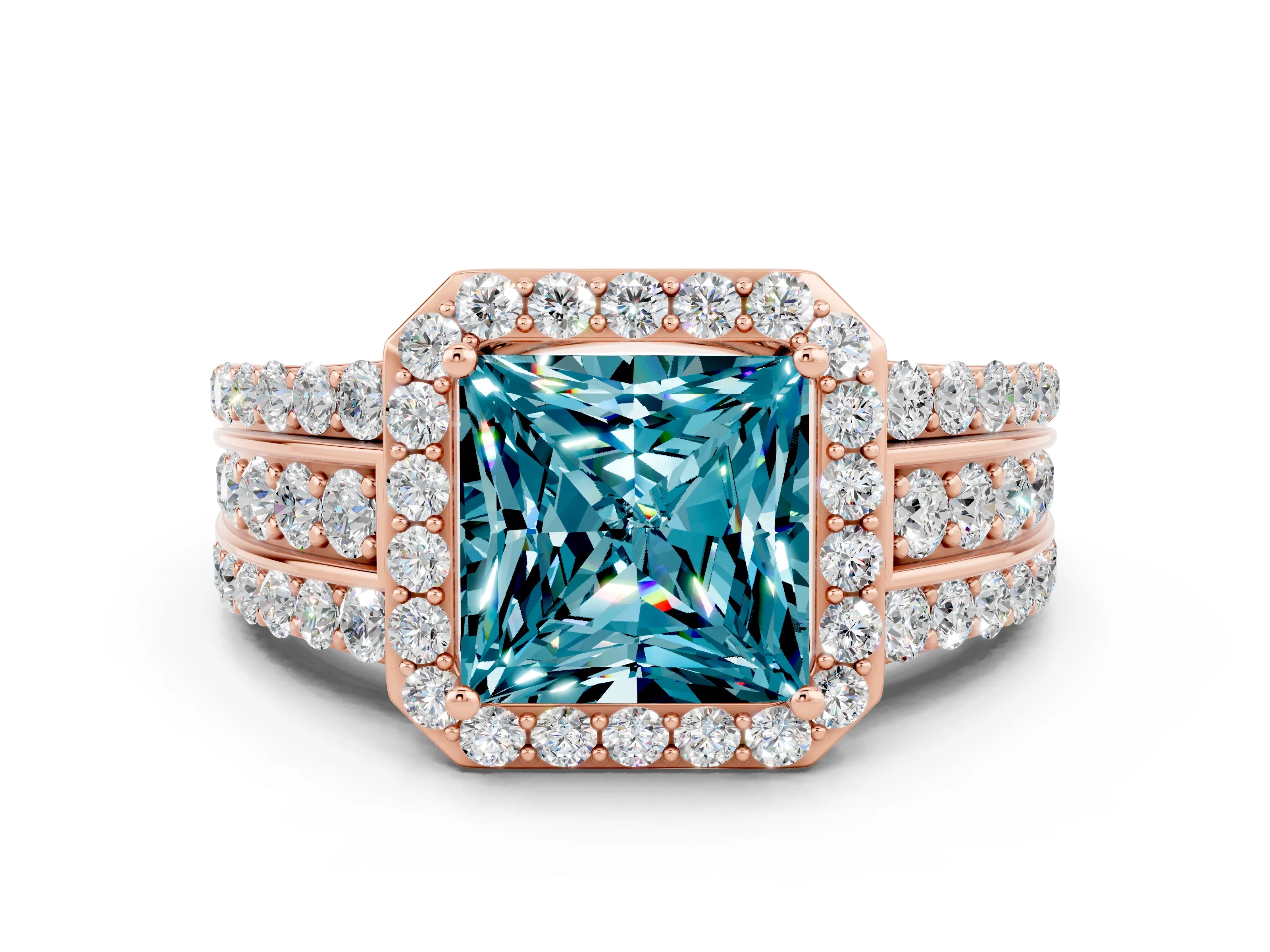 Rose gold Princess Cut Halo Blue Topaz Ring with Split Shank and Four-Prong Setting