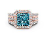 Rose gold Princess Cut Halo Blue Topaz Ring with Split Shank and Four-Prong Setting