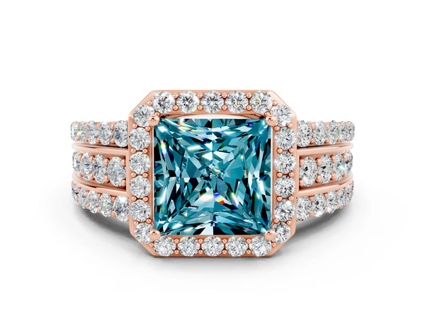 Rose gold Princess Cut Halo Blue Topaz Ring with Round  Split Shank and Prong Setting