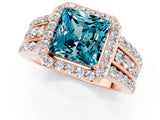 Rose gold Princess Cut Halo Blue Topaz Ring with Split Shank and Four-Prong Setting_1