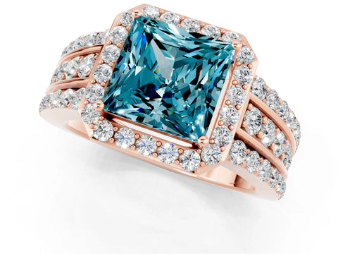 Rose gold Princess Cut Halo Blue Topaz Ring with Split Shank and Four-Prong Setting_1