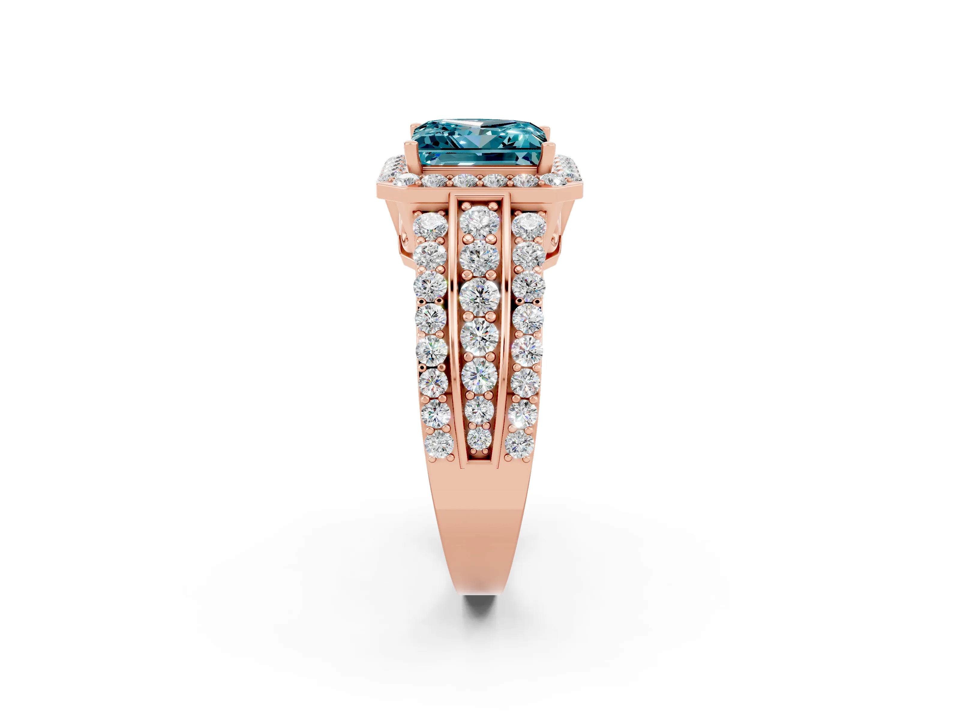 Rose gold Princess Cut Halo Blue Topaz Ring with Split Shank and Four-Prong Setting_2