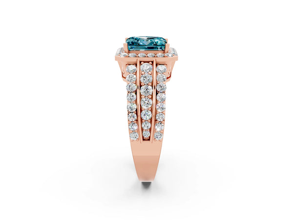 Rose gold Princess Cut Halo Blue Topaz Ring with Round  Split Shank and Prong Setting