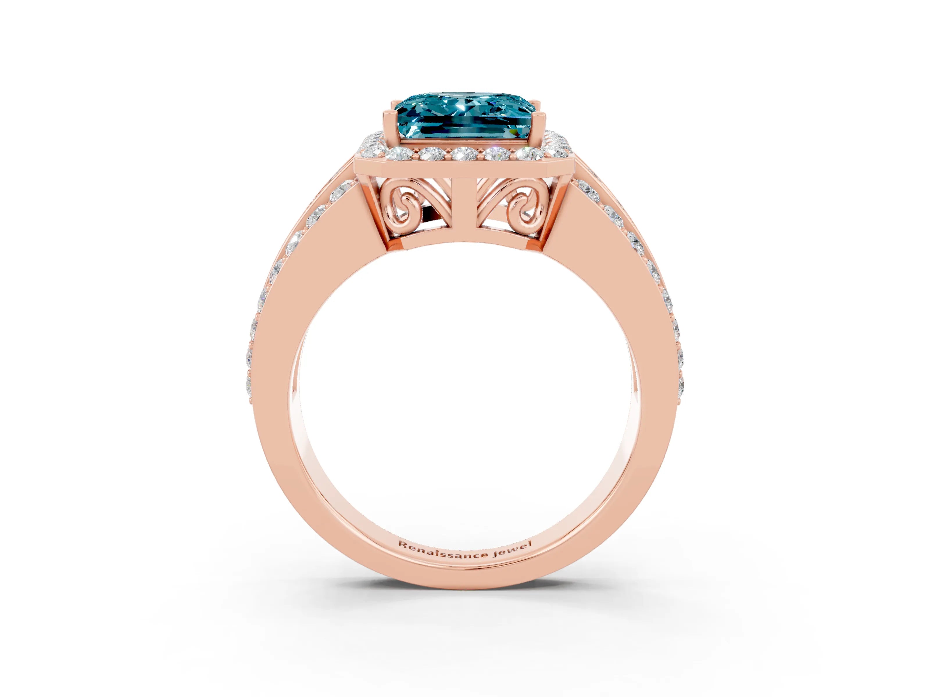 Rose gold Princess Cut Halo Blue Topaz Ring with Split Shank and Four-Prong Setting_3