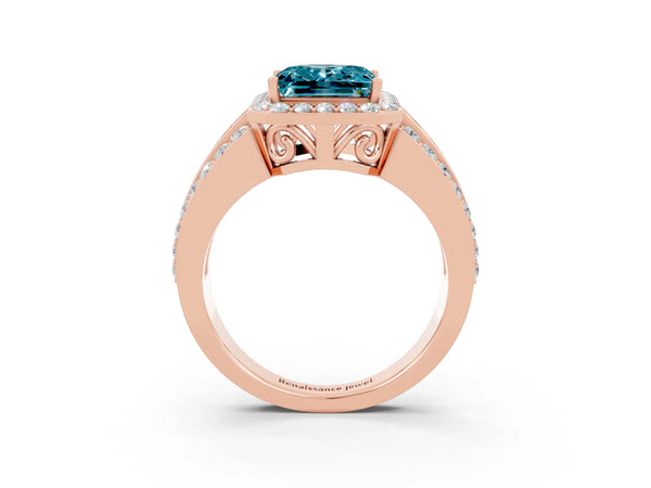 Rose gold Princess Cut Halo Blue Topaz Ring with Round  Split Shank and Prong Setting