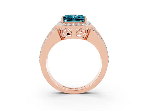 Rose gold Princess Cut Halo Blue Topaz Ring with Split Shank and Four-Prong Setting_3