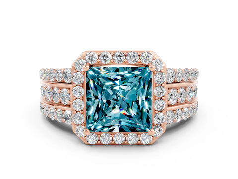 Rose gold Princess Cut Halo Blue Topaz Ring with Split Shank and Four-Prong Setting