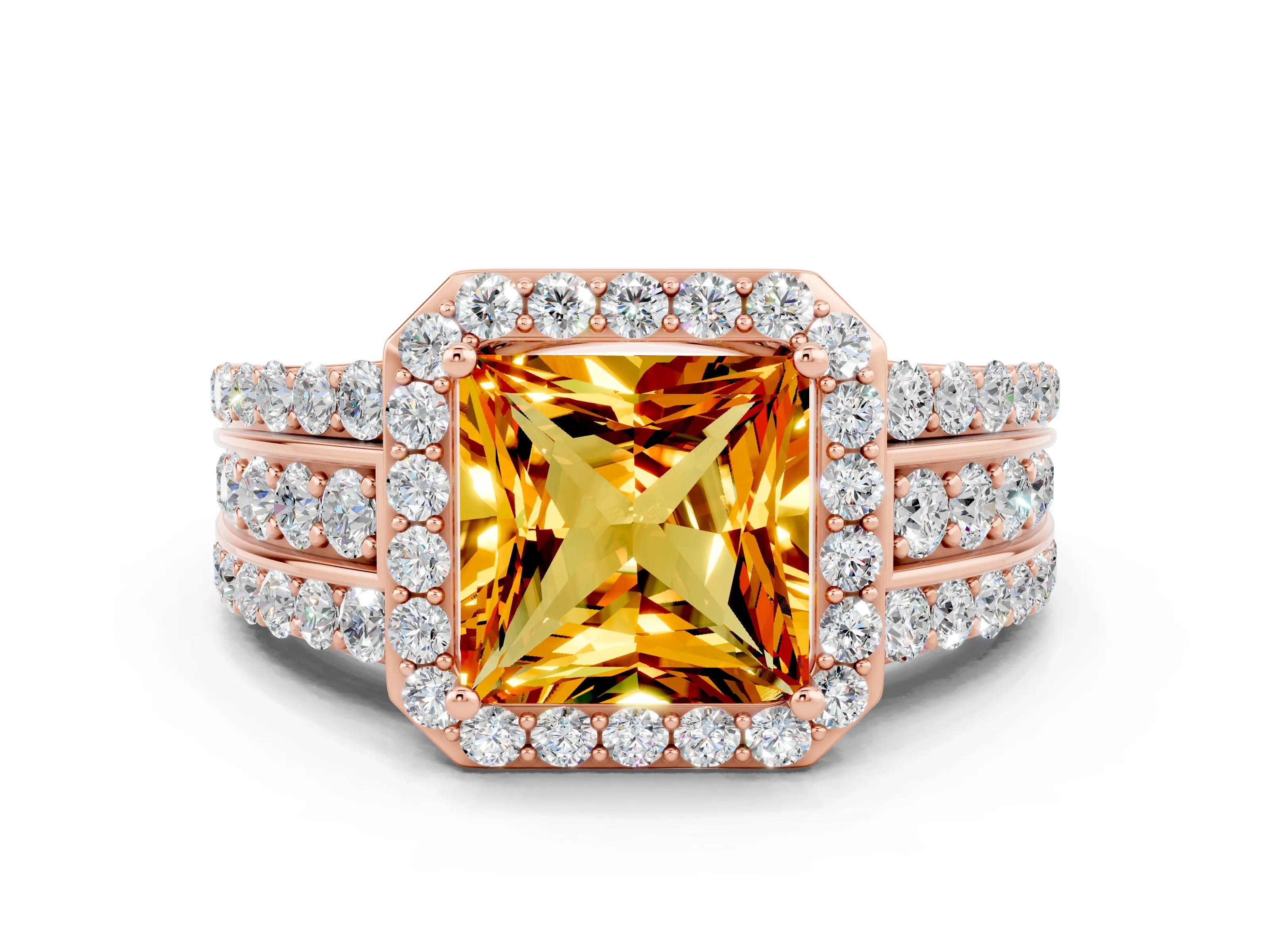 Rose gold Princess Cut Halo Citrine Ring with Split Shank and Four-Prong Setting