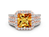 Rose gold Princess Cut Halo Citrine Ring with Split Shank and Four-Prong Setting