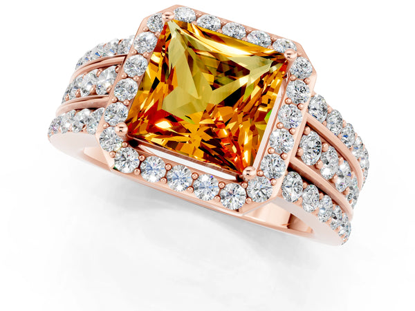 Rose gold Princess Cut Halo Citrine Ring with Round  Split Shank and Prong Setting