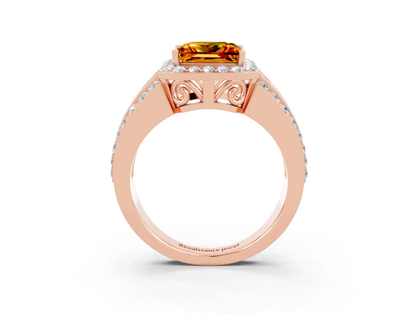 Rose gold Princess Cut Halo Citrine Ring with Round  Split Shank and Prong Setting