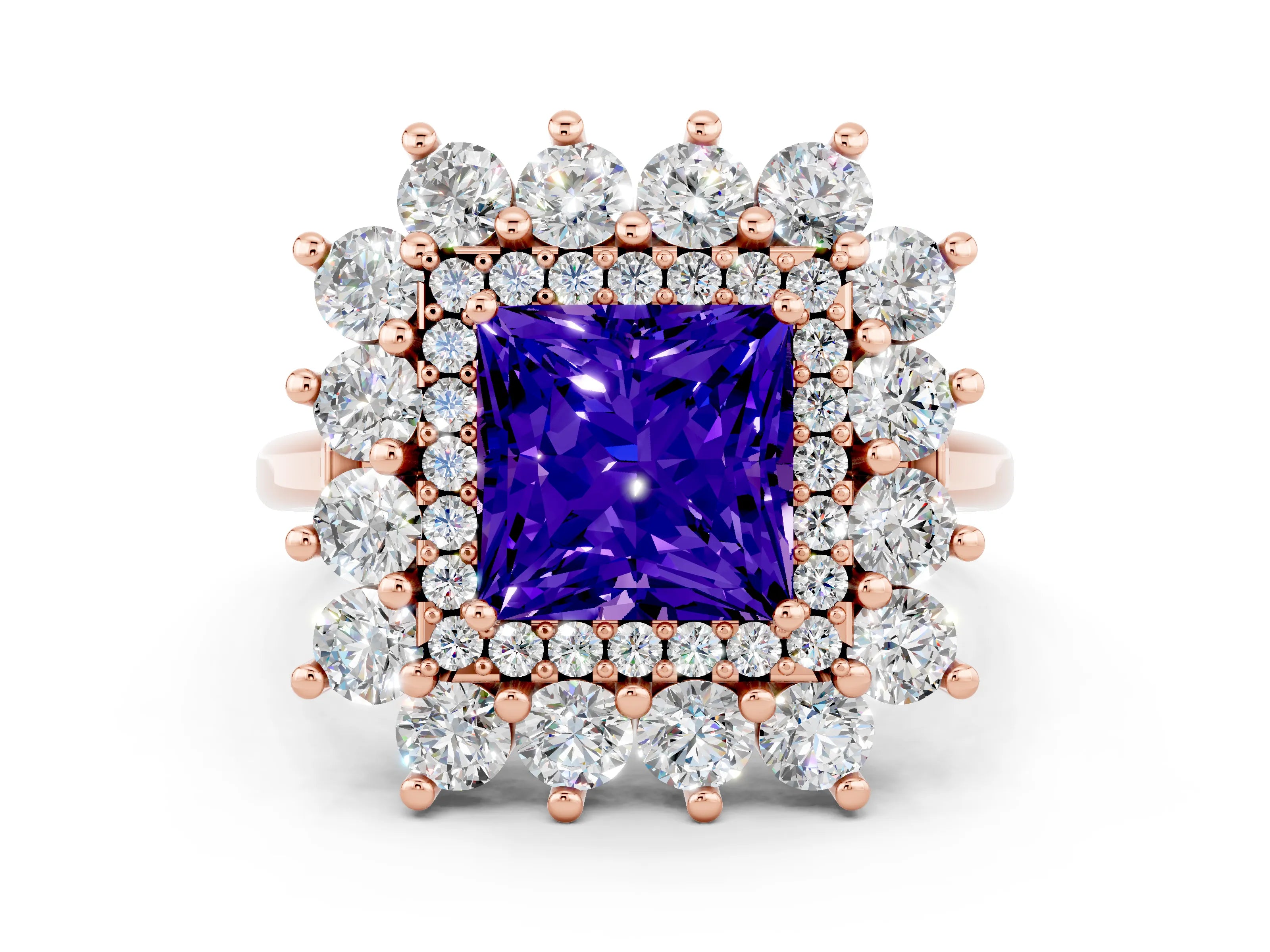 Rose gold Princess Cut Halo Cluster Diamond Ring with Pave Band and Four-Prong Setting