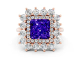 Rose gold Princess Cut Halo Cluster Diamond Ring with Pave Band and Four-Prong Setting