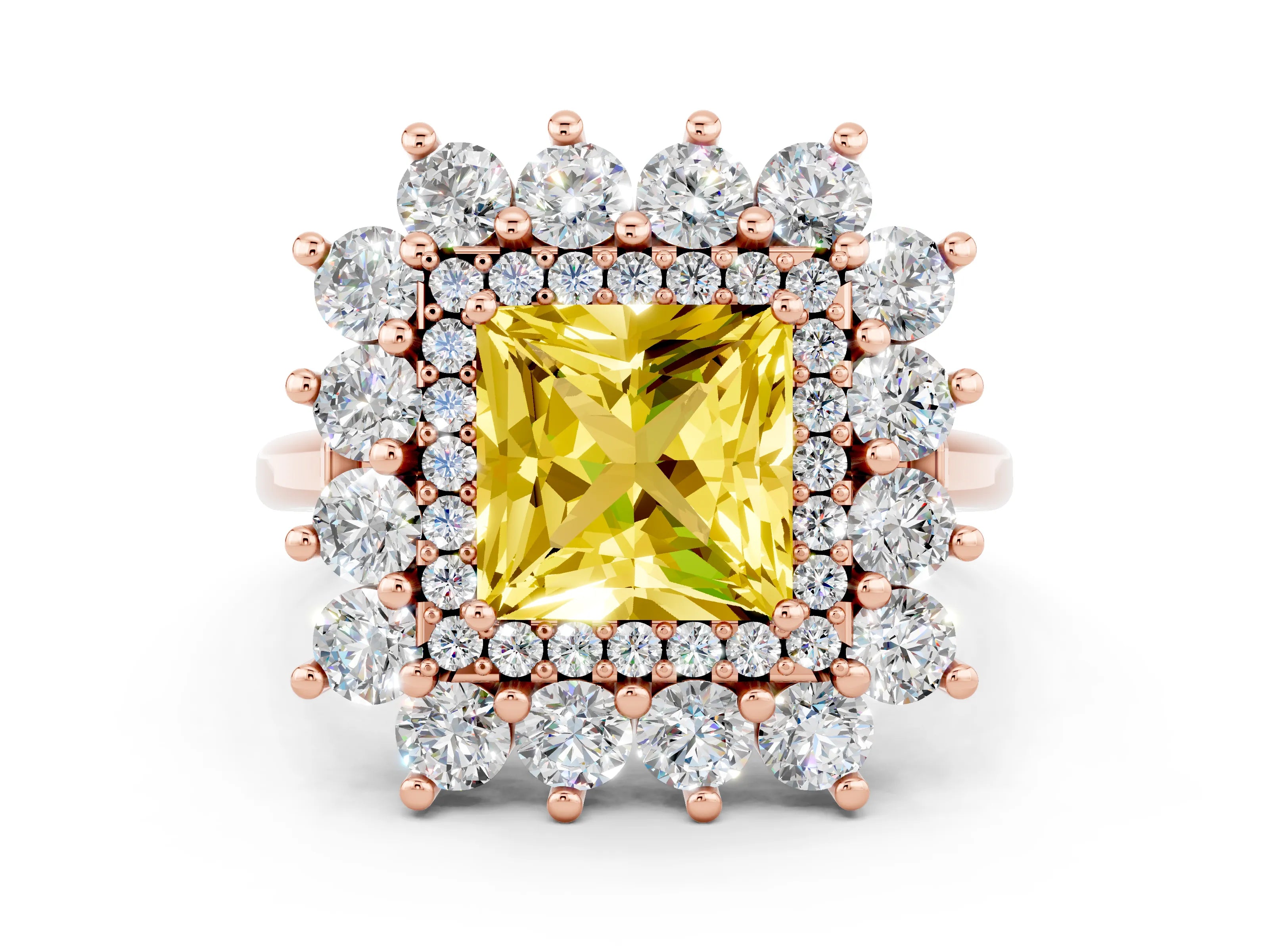 Rose gold Princess Cut Halo Cluster Diamond Ring with Pave Band and Four-Prong Setting