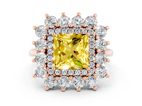 Rose gold Princess Cut Halo Cluster Diamond Ring with Pave Band and Four-Prong Setting