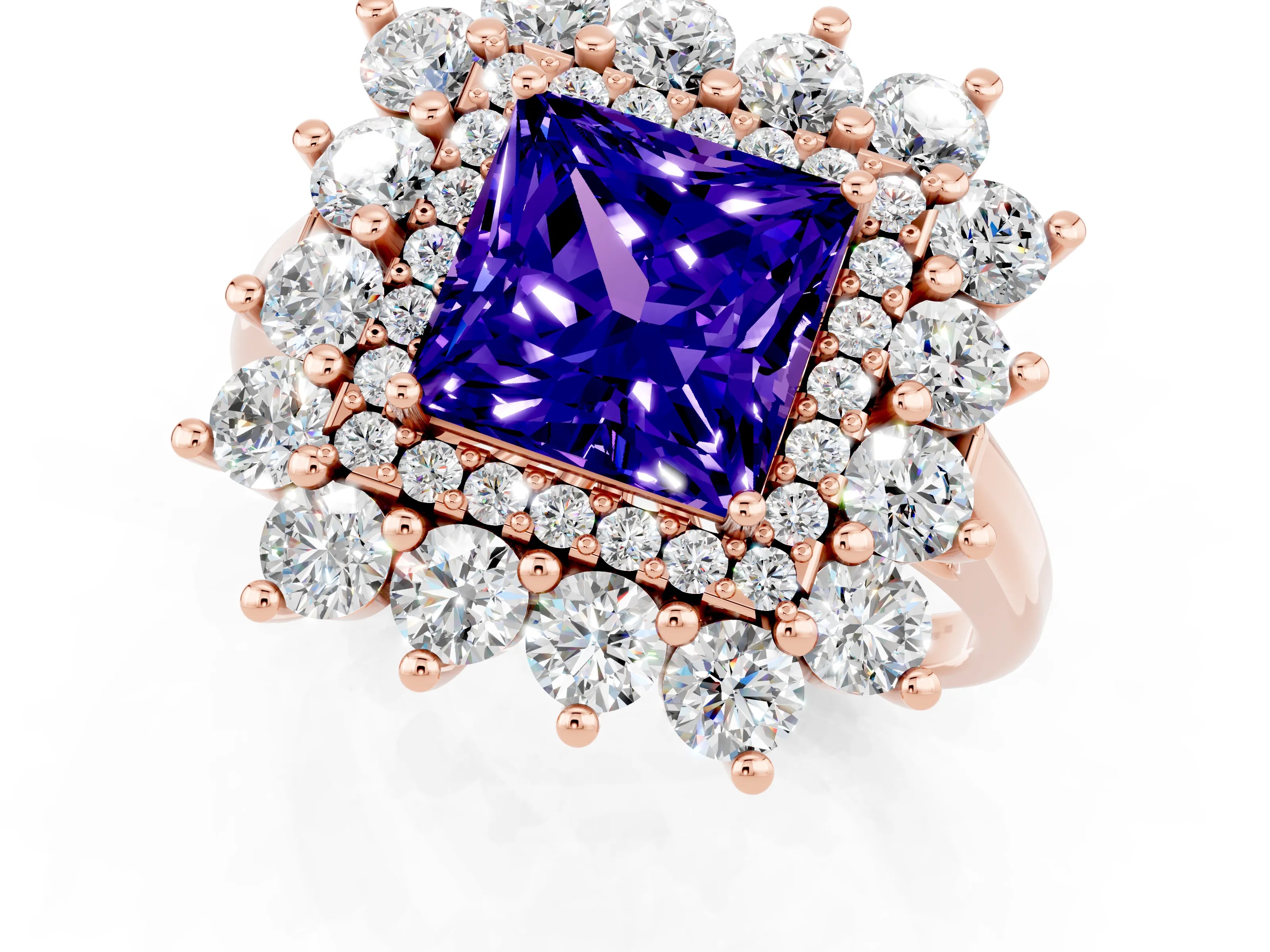 Rose gold Princess Cut Halo Cluster Diamond Ring with Pave Band and Four-Prong Setting_1