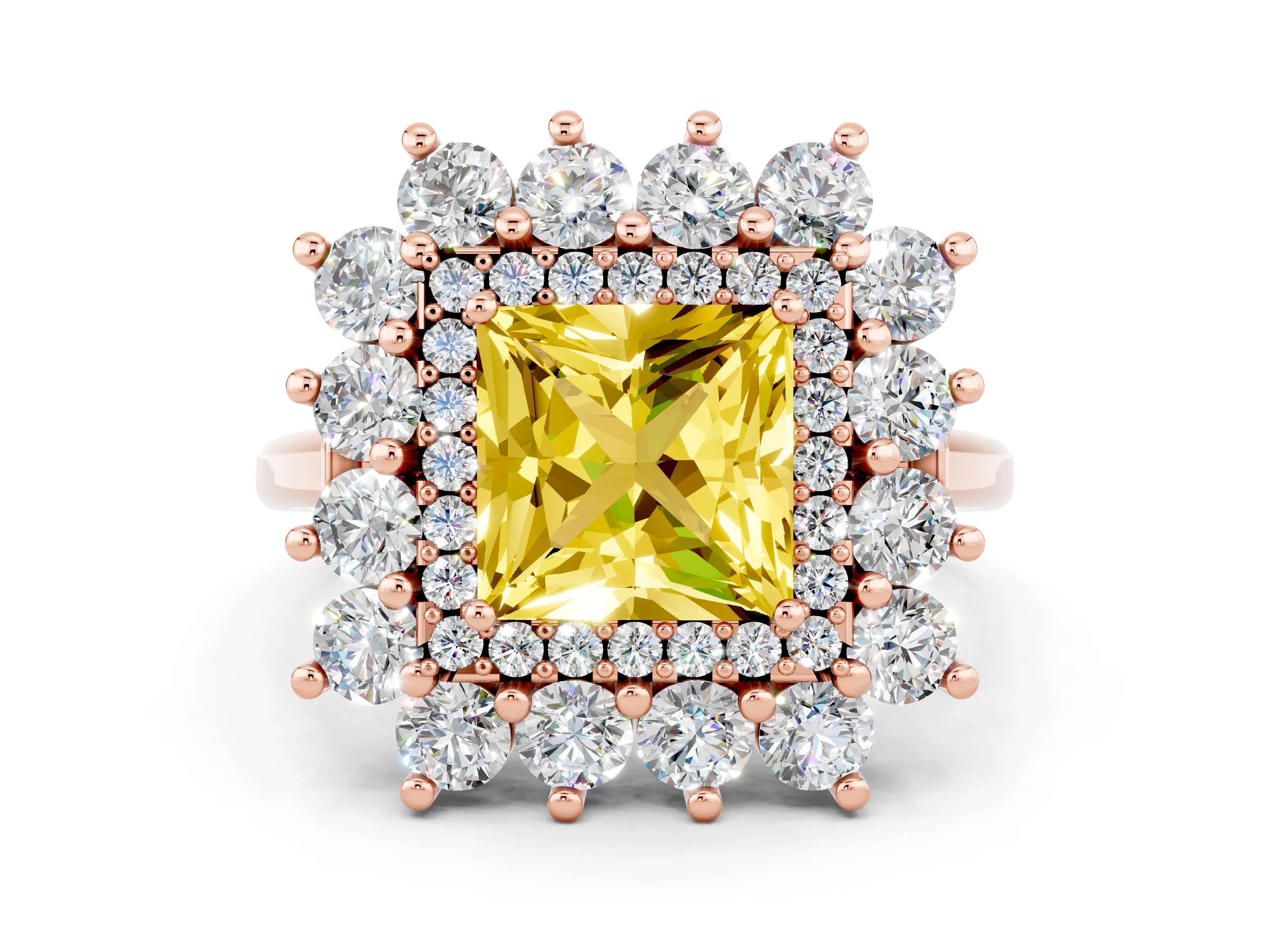 Rose gold Princess Cut Halo Cluster Diamond Ring with Pave Band and Four-Prong Setting_12