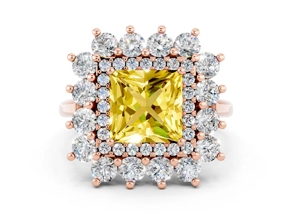 Rose gold Princess Cut Yellow Sapphire Floral Double Halo Engagement Ring with Prong Setting