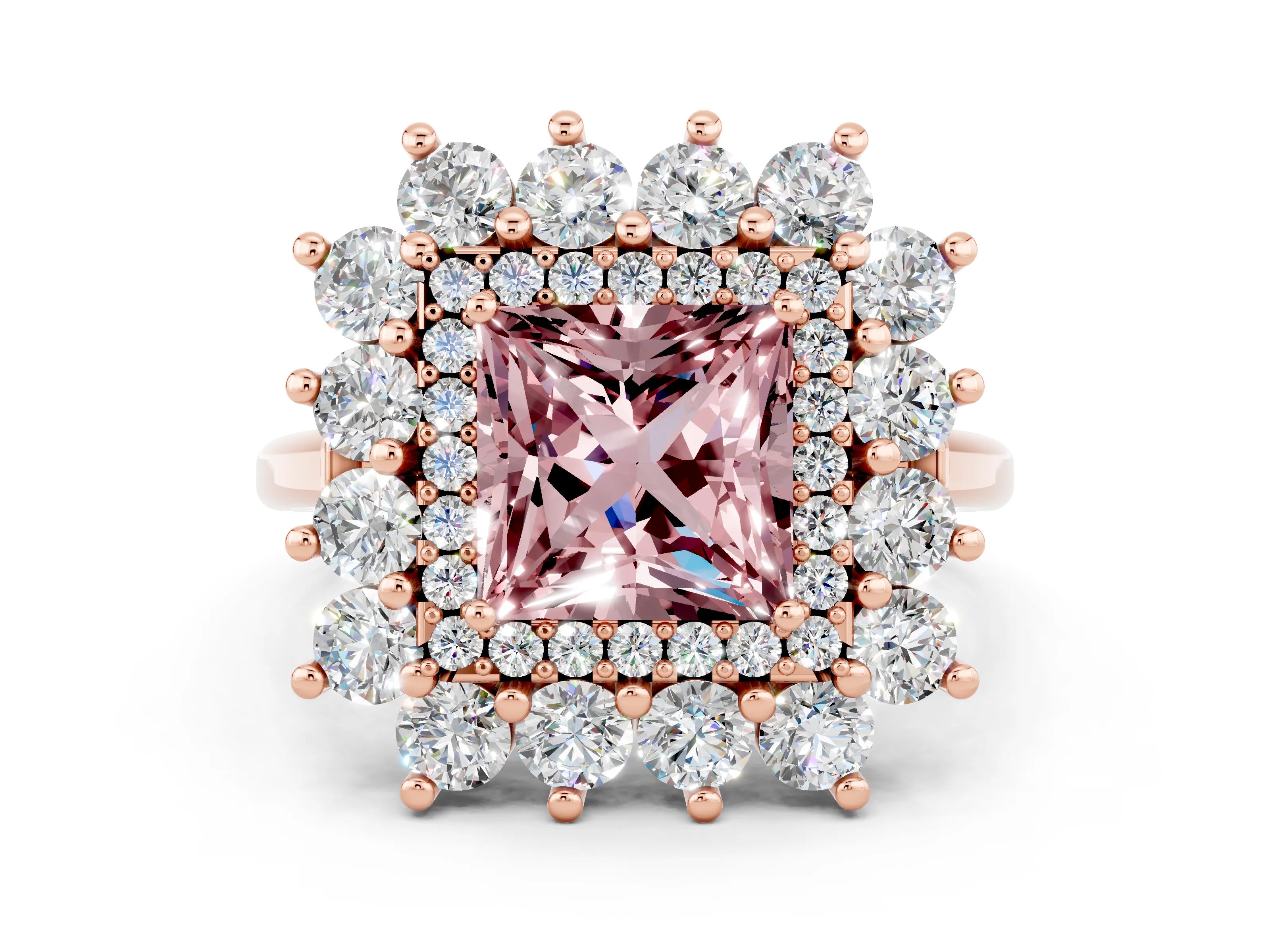 Rose gold Princess Cut Halo Cluster Diamond Ring with Pave Band and Four-Prong Setting_12