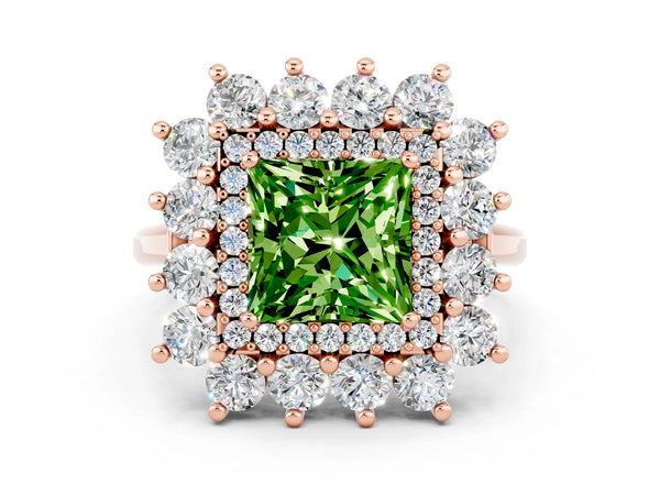 Rose gold Princess Cut Peridot Floral Double Halo Engagement Ring with Prong Setting