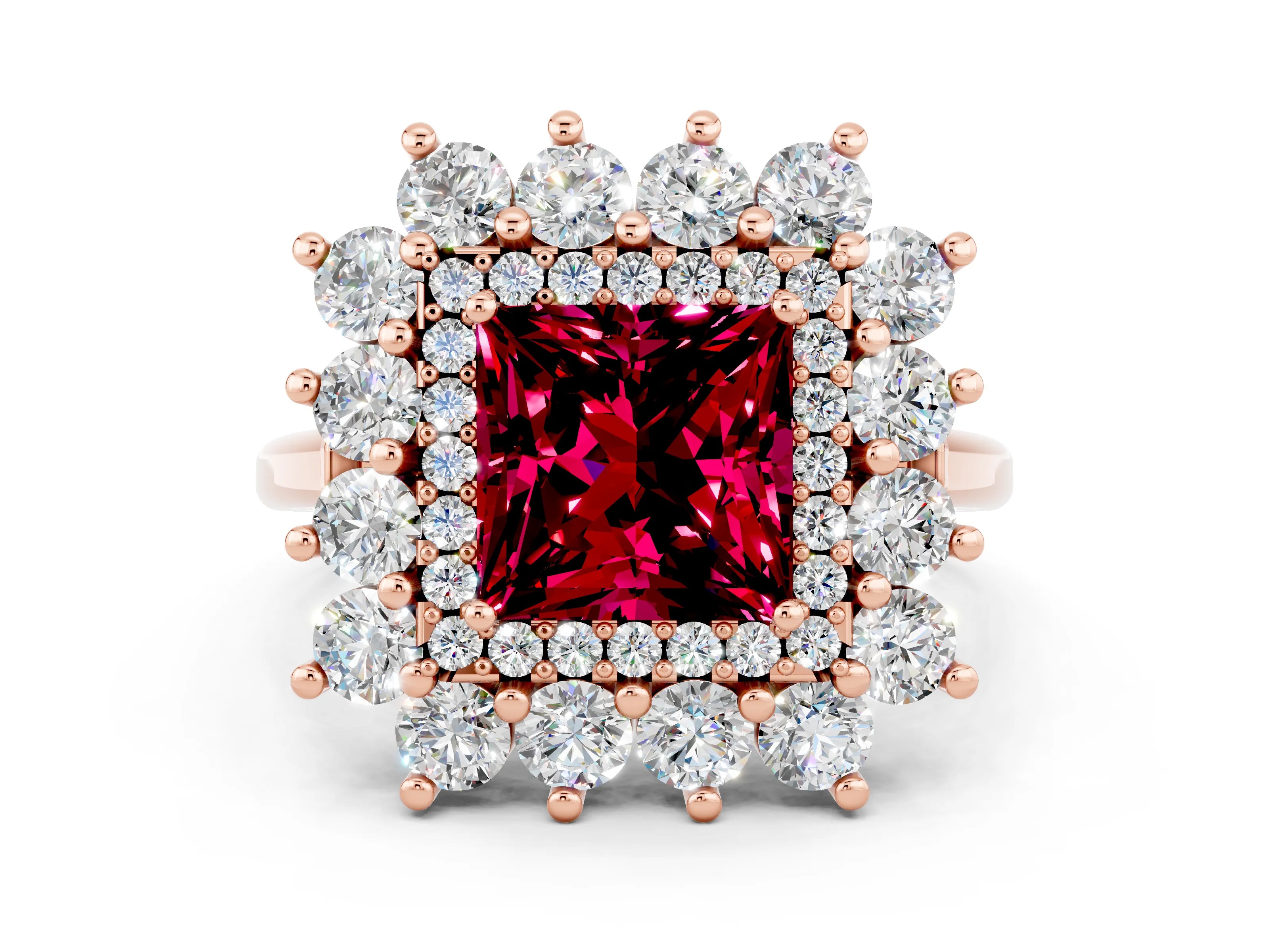 Rose gold Princess Cut Halo Cluster Diamond Ring with Pave Band and Four-Prong Setting_12