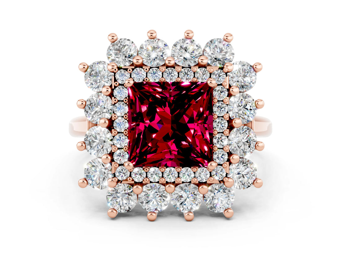 Rose gold Princess Cut Halo Cluster Diamond Ring with Pave Band and Four-Prong Setting_12