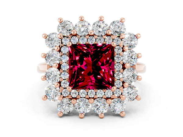 Rose gold Princess Cut Garnet Floral Double Halo Engagement Ring with Prong Setting