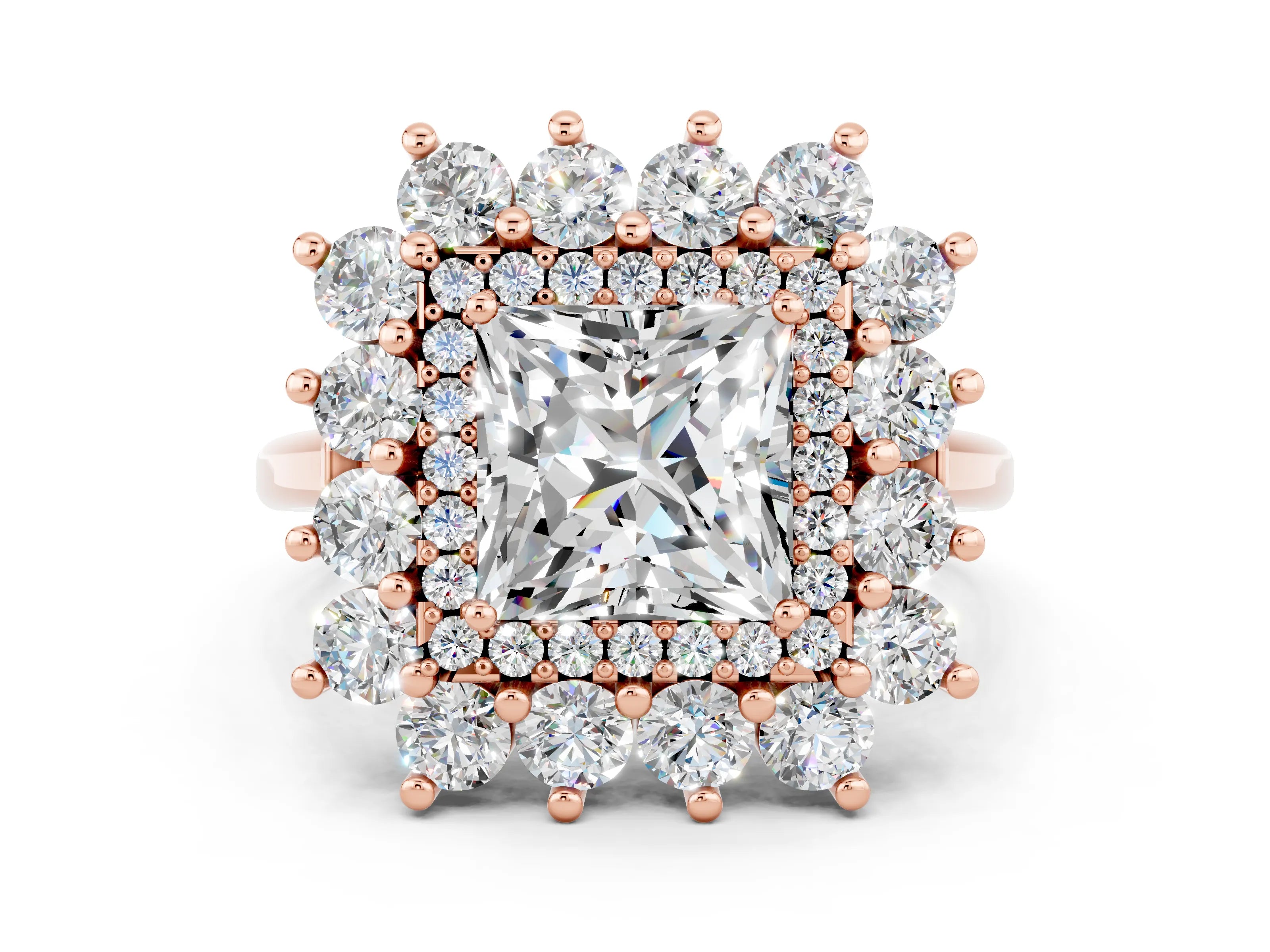 Rose gold Princess Cut Halo Cluster Diamond Ring with Pave Band and Four-Prong Setting_12
