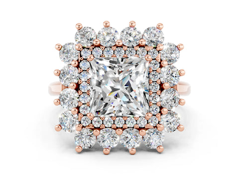 Rose gold Princess Cut Halo Cluster Diamond Ring with Pave Band and Four-Prong Setting_12