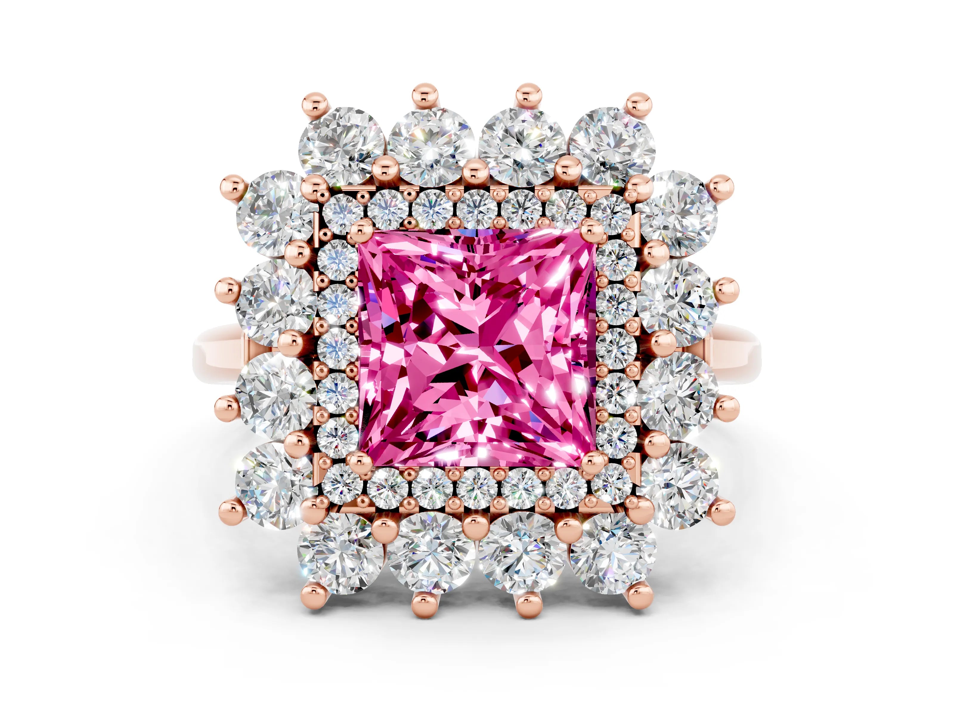 Rose gold Princess Cut Halo Cluster Diamond Ring with Pave Band and Four-Prong Setting_12