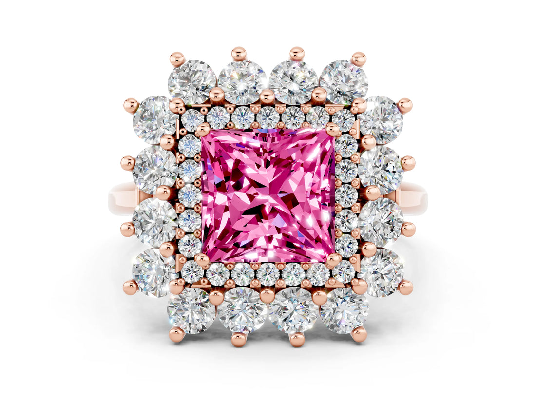 Rose gold Princess Cut Halo Cluster Diamond Ring with Pave Band and Four-Prong Setting_12