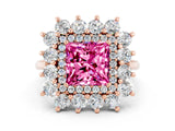 Rose gold Princess Cut Halo Cluster Diamond Ring with Pave Band and Four-Prong Setting_12
