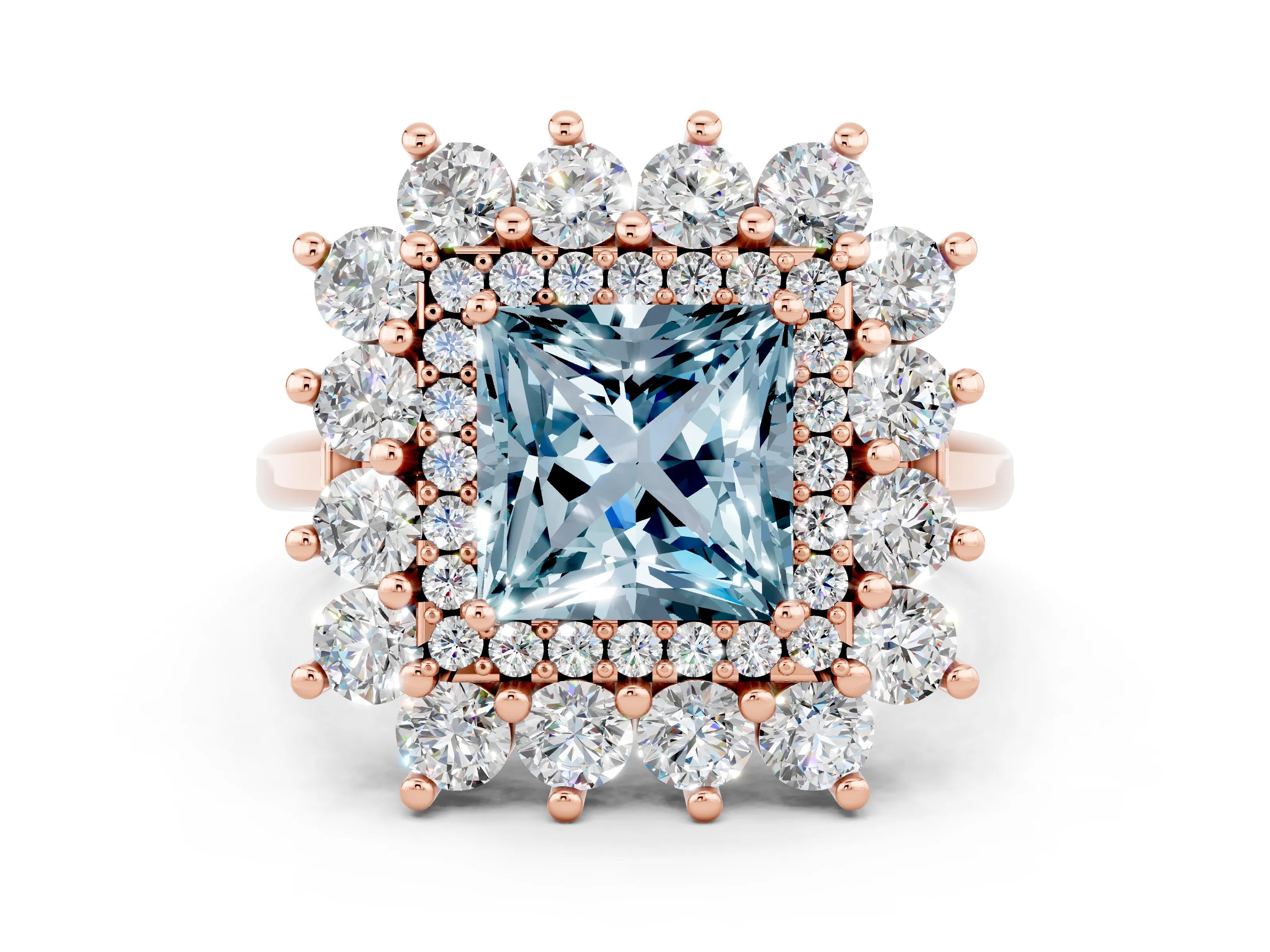 Rose gold Princess Cut Halo Cluster Diamond Ring with Pave Band and Four-Prong Setting_12
