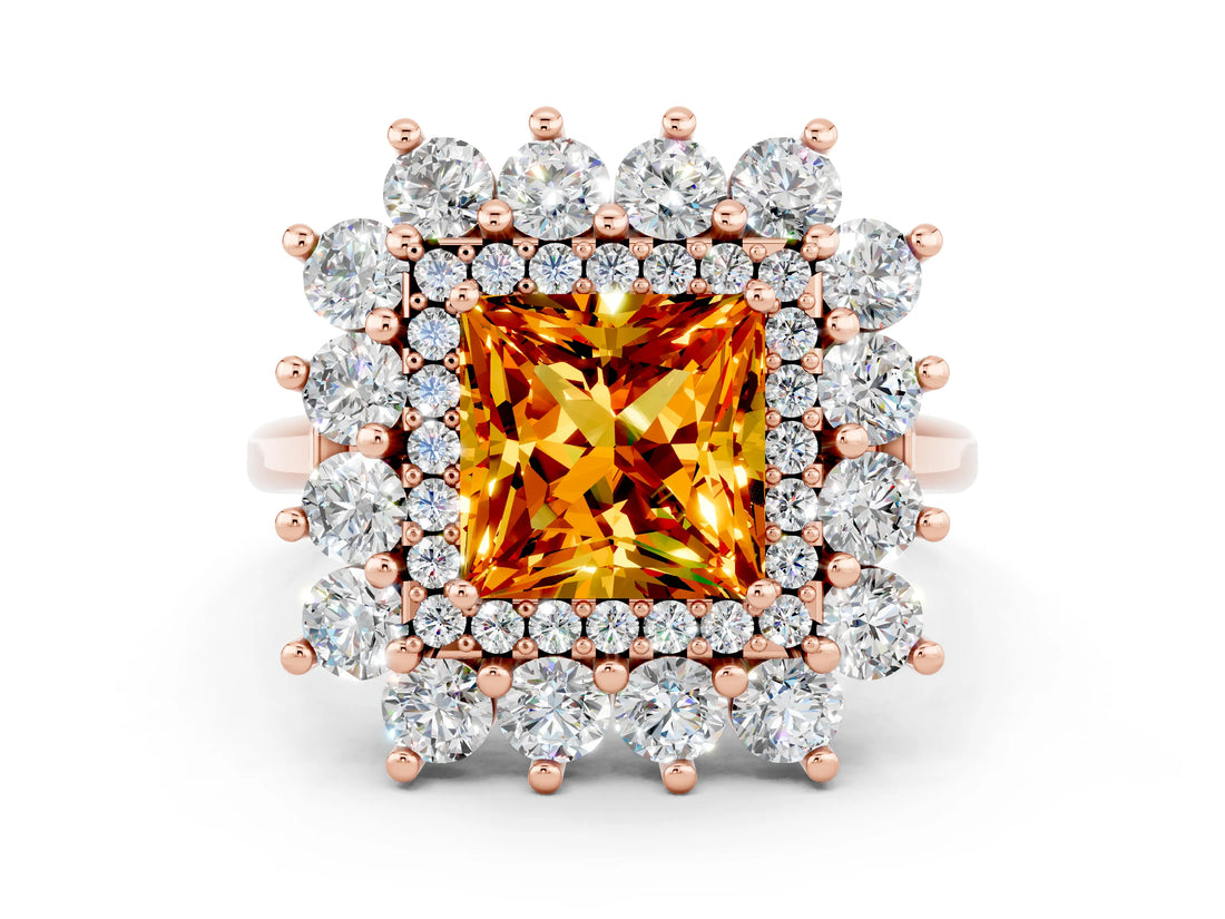 Rose gold Princess Cut Halo Cluster Diamond Ring with Pave Band and Four-Prong Setting_12