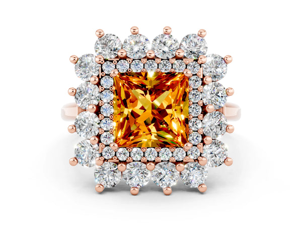 Rose gold Princess Cut Citrine Floral Double Halo Engagement Ring with Prong Setting