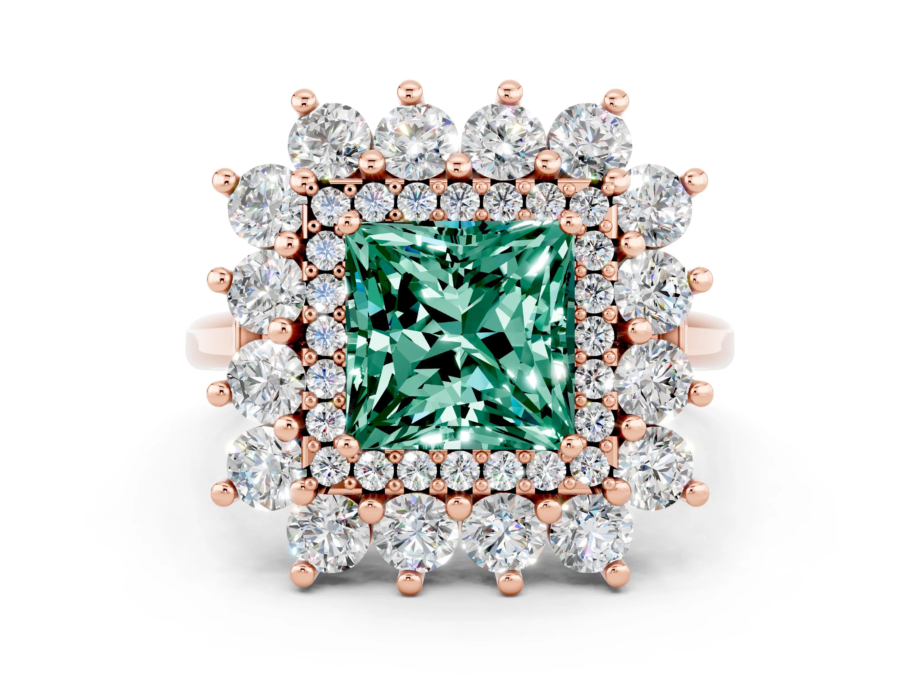 Rose gold Princess Cut Halo Cluster Diamond Ring with Pave Band and Four-Prong Setting_12