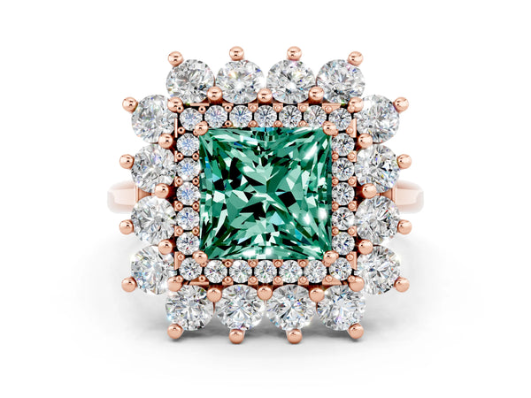 Rose gold Princess Cut Green Sapphire Floral Double Halo Engagement Ring with Prong Setting