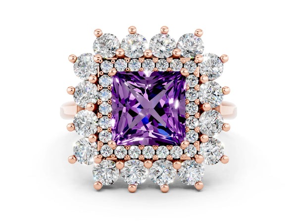Rose gold Princess Cut Amethyst Floral Double Halo Engagement Ring with Prong Setting