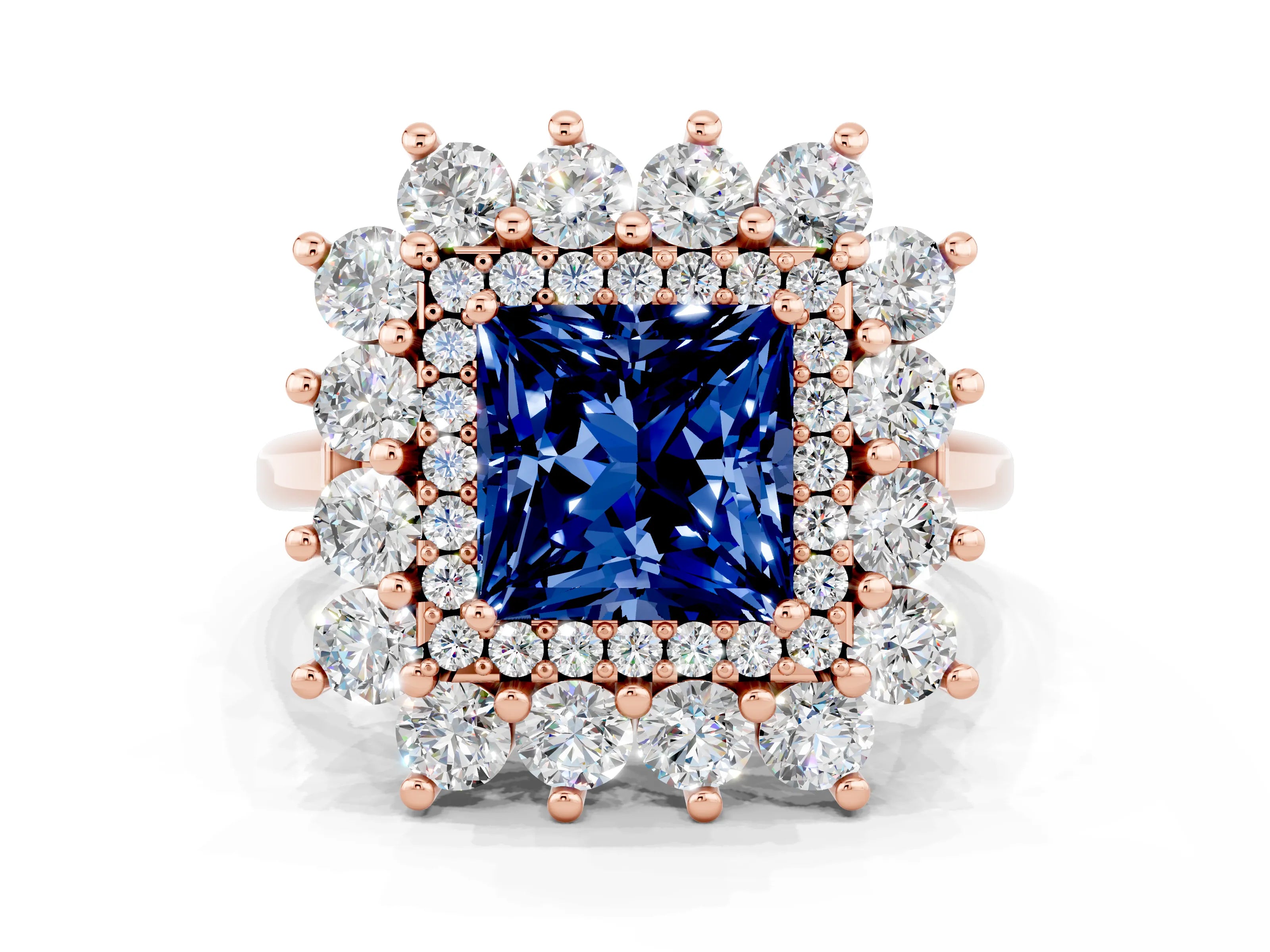 Rose gold Princess Cut Halo Cluster Diamond Ring with Pave Band and Four-Prong Setting_12