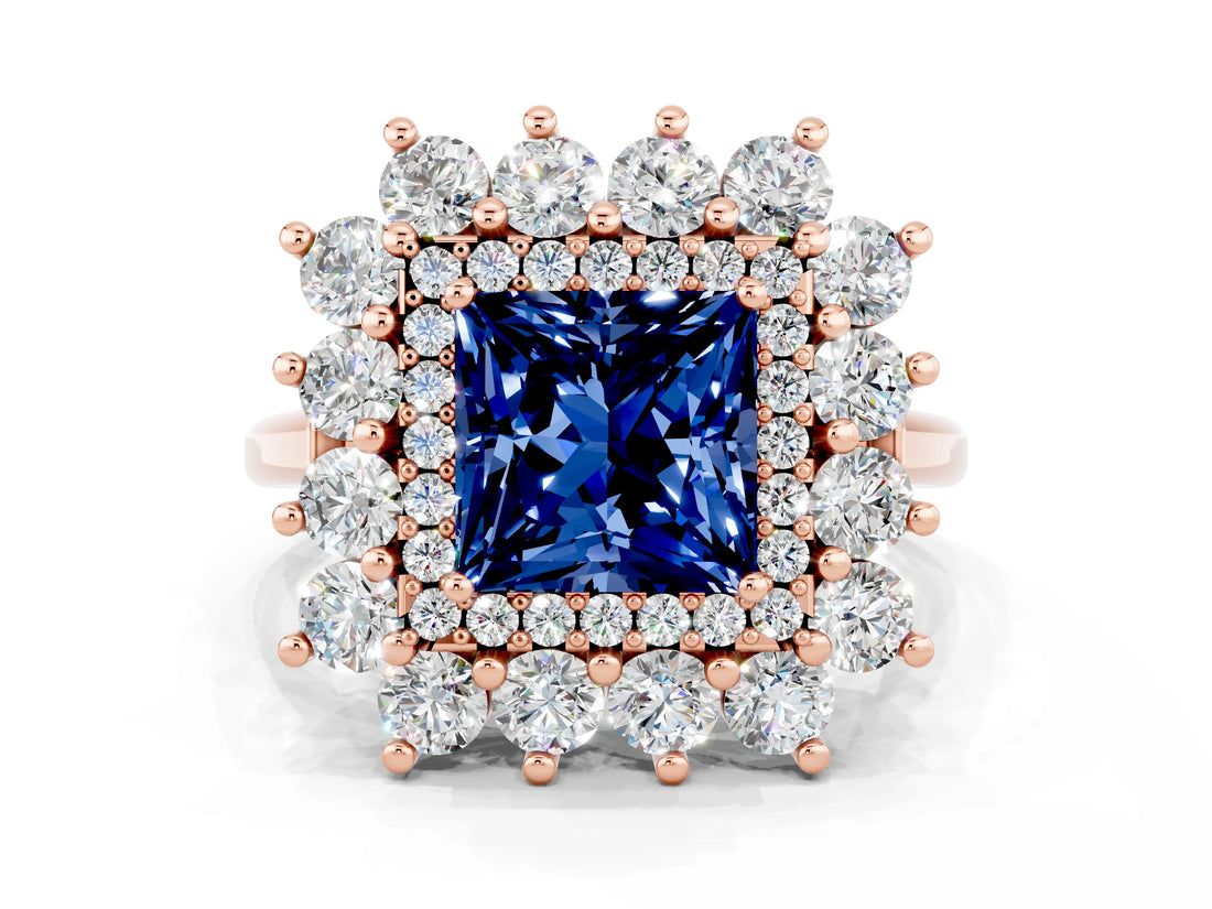 Rose gold Princess Cut Halo Cluster Diamond Ring with Pave Band and Four-Prong Setting_12
