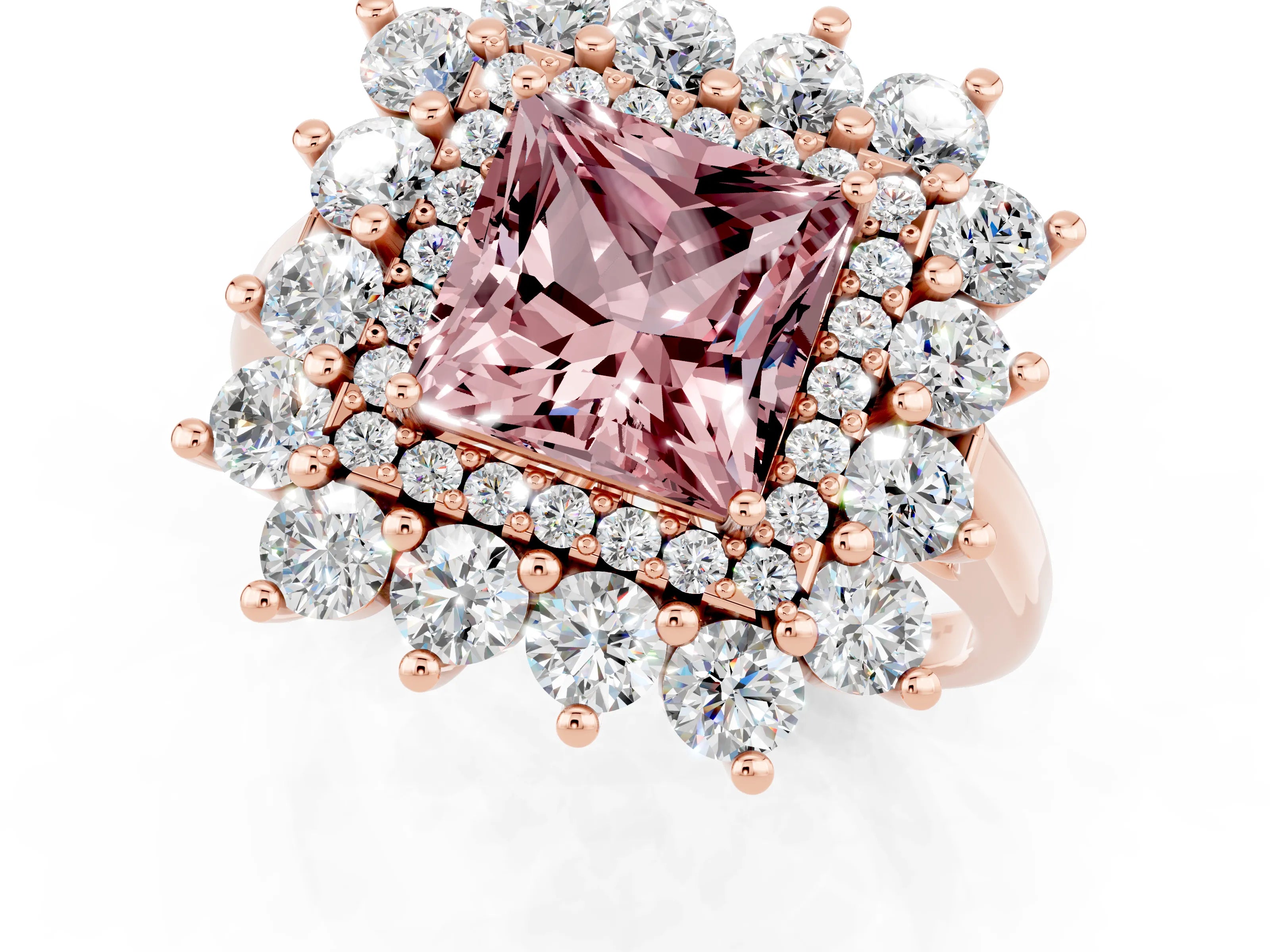 Rose gold Princess Cut Halo Cluster Diamond Ring with Pave Band and Four-Prong Setting_13