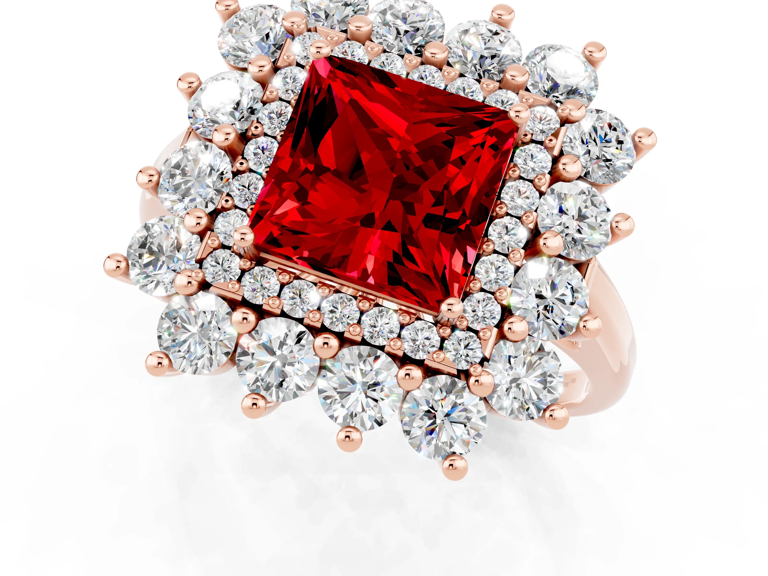 Rose gold Princess Cut Halo Cluster Diamond Ring with Pave Band and Four-Prong Setting_13
