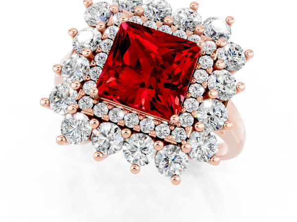 Rose gold Princess Cut Ruby Floral Double Halo Engagement Ring with Prong Setting