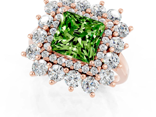 Rose gold Princess Cut Peridot Floral Double Halo Engagement Ring with Prong Setting