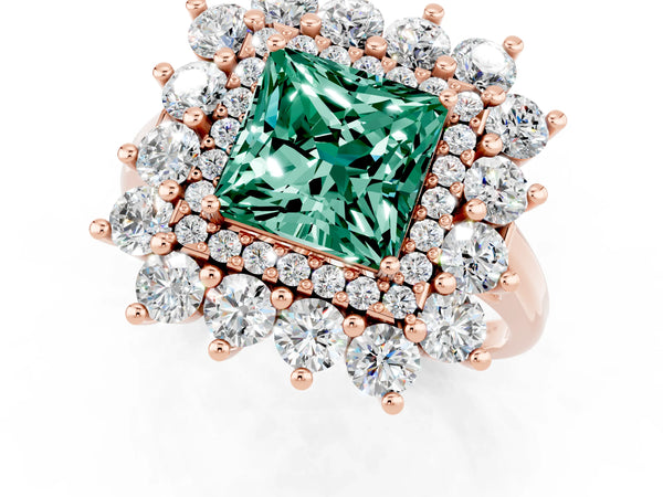 Rose gold Princess Cut Green Sapphire Floral Double Halo Engagement Ring with Prong Setting