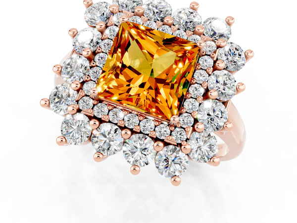 Rose gold Princess Cut Citrine Floral Double Halo Engagement Ring with Prong Setting