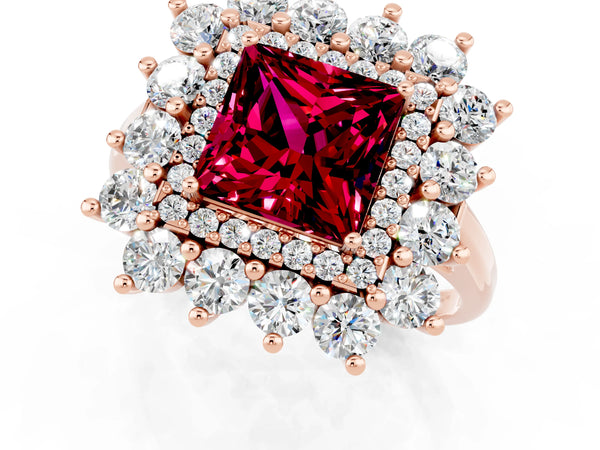 Rose gold Princess Cut Garnet Floral Double Halo Engagement Ring with Prong Setting