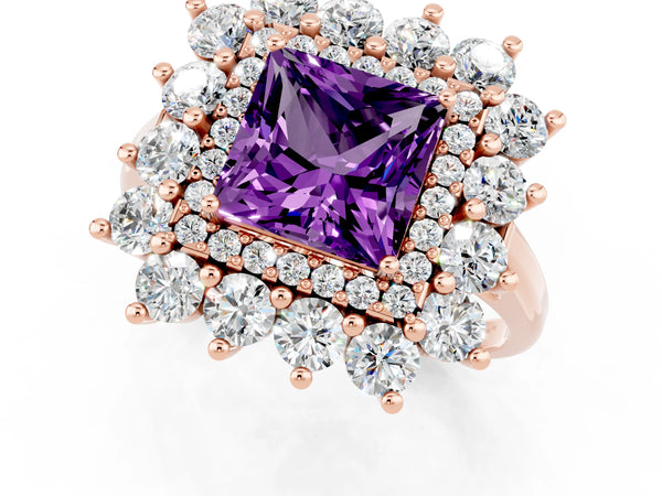 Rose gold Princess Cut Amethyst Floral Double Halo Engagement Ring with Prong Setting