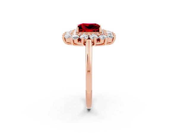 Rose gold Princess Cut Ruby Floral Double Halo Engagement Ring with Prong Setting